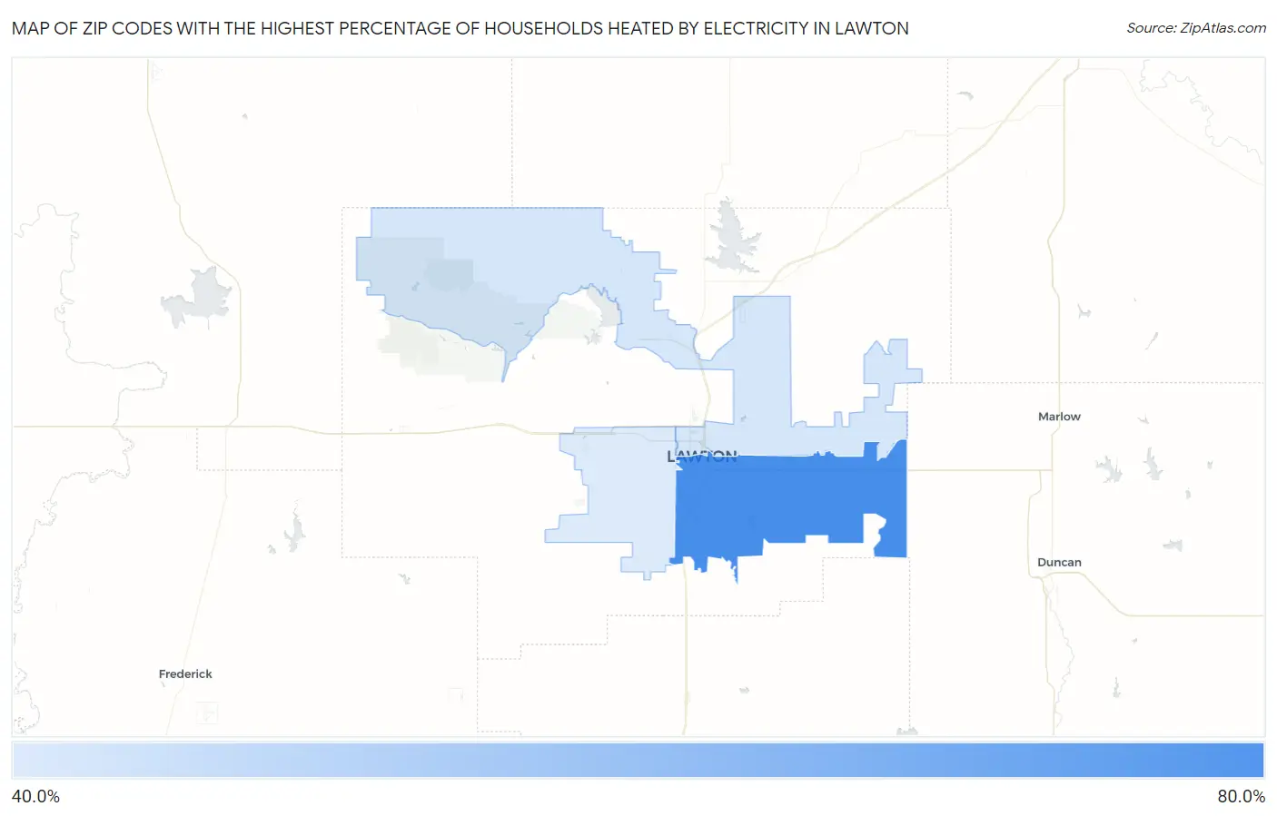 Zip Codes with the Highest Percentage of Households Heated by Electricity in Lawton Map