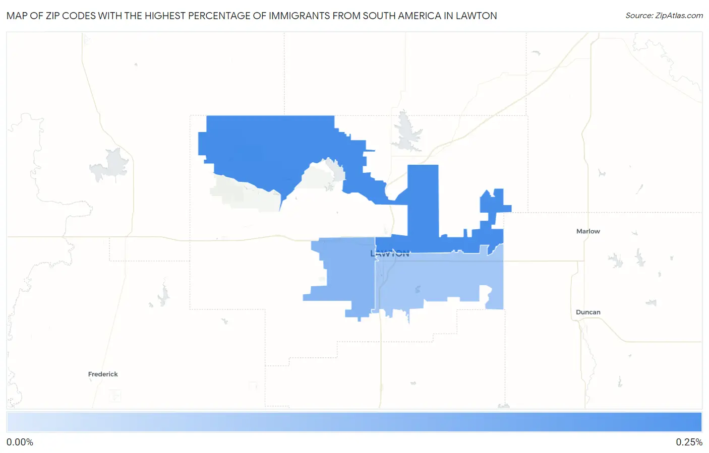 Zip Codes with the Highest Percentage of Immigrants from South America in Lawton Map