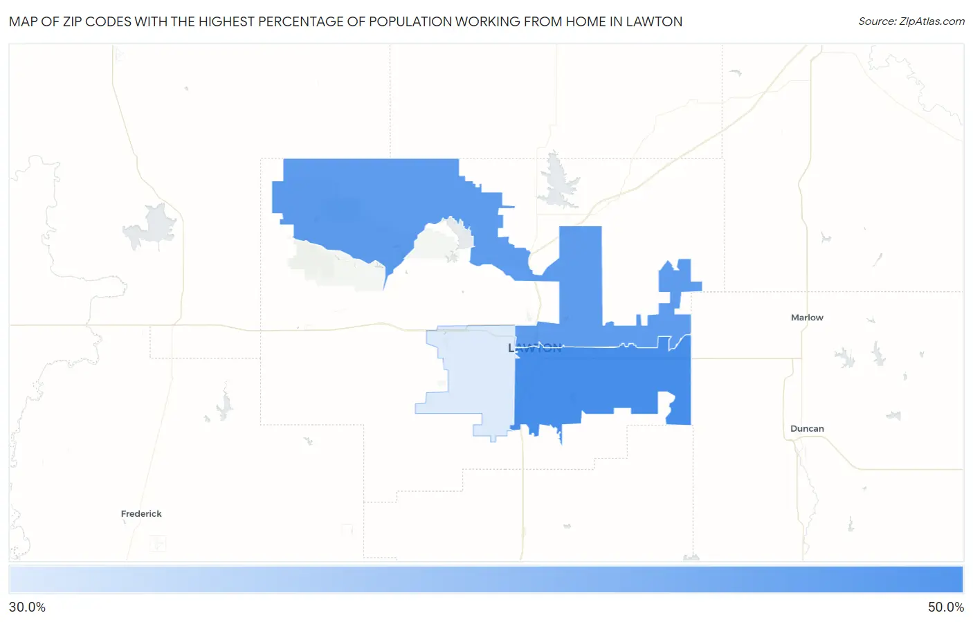 Zip Codes with the Highest Percentage of Population Working from Home in Lawton Map