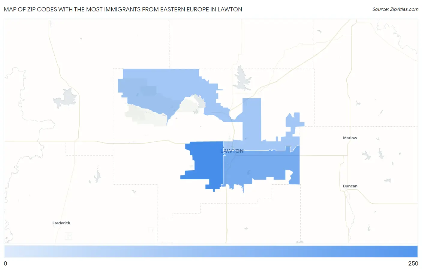 Zip Codes with the Most Immigrants from Eastern Europe in Lawton Map