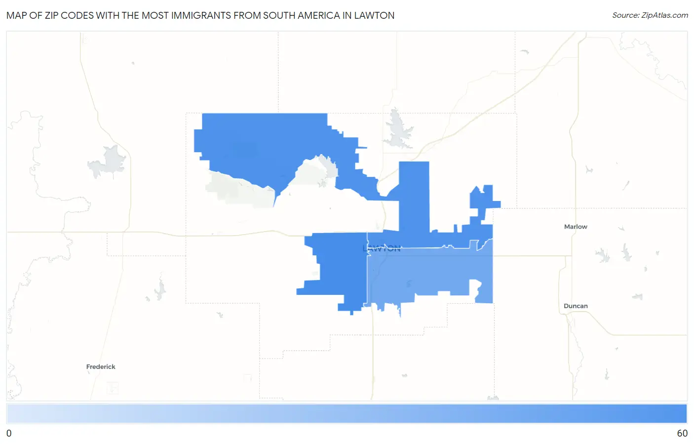 Zip Codes with the Most Immigrants from South America in Lawton Map