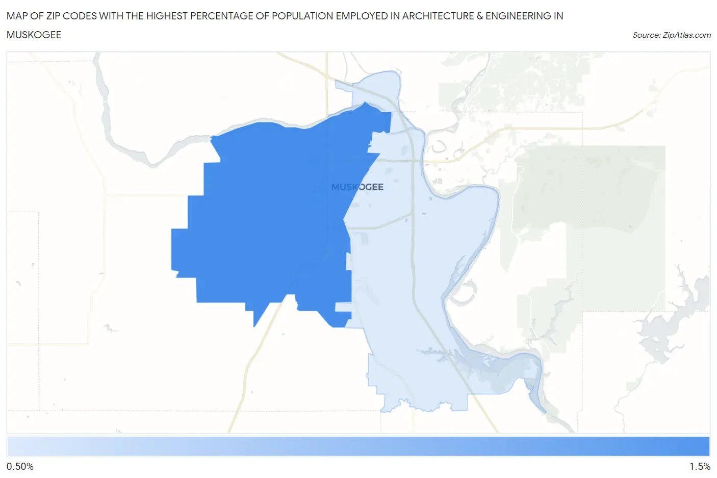 Zip Codes with the Highest Percentage of Population Employed in Architecture & Engineering in Muskogee Map