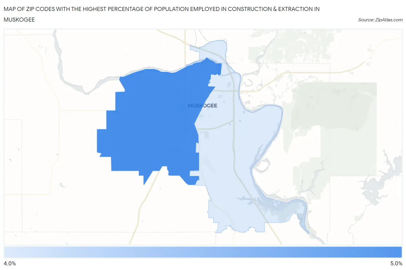 Zip Codes with the Highest Percentage of Population Employed in Construction & Extraction in Muskogee Map