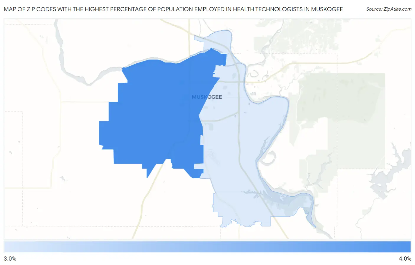 Zip Codes with the Highest Percentage of Population Employed in Health Technologists in Muskogee Map