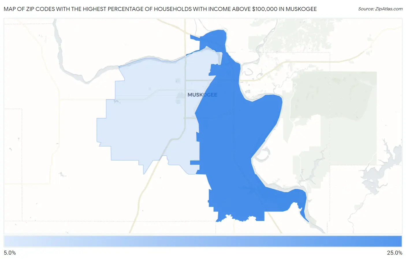 Zip Codes with the Highest Percentage of Households with Income Above $100,000 in Muskogee Map