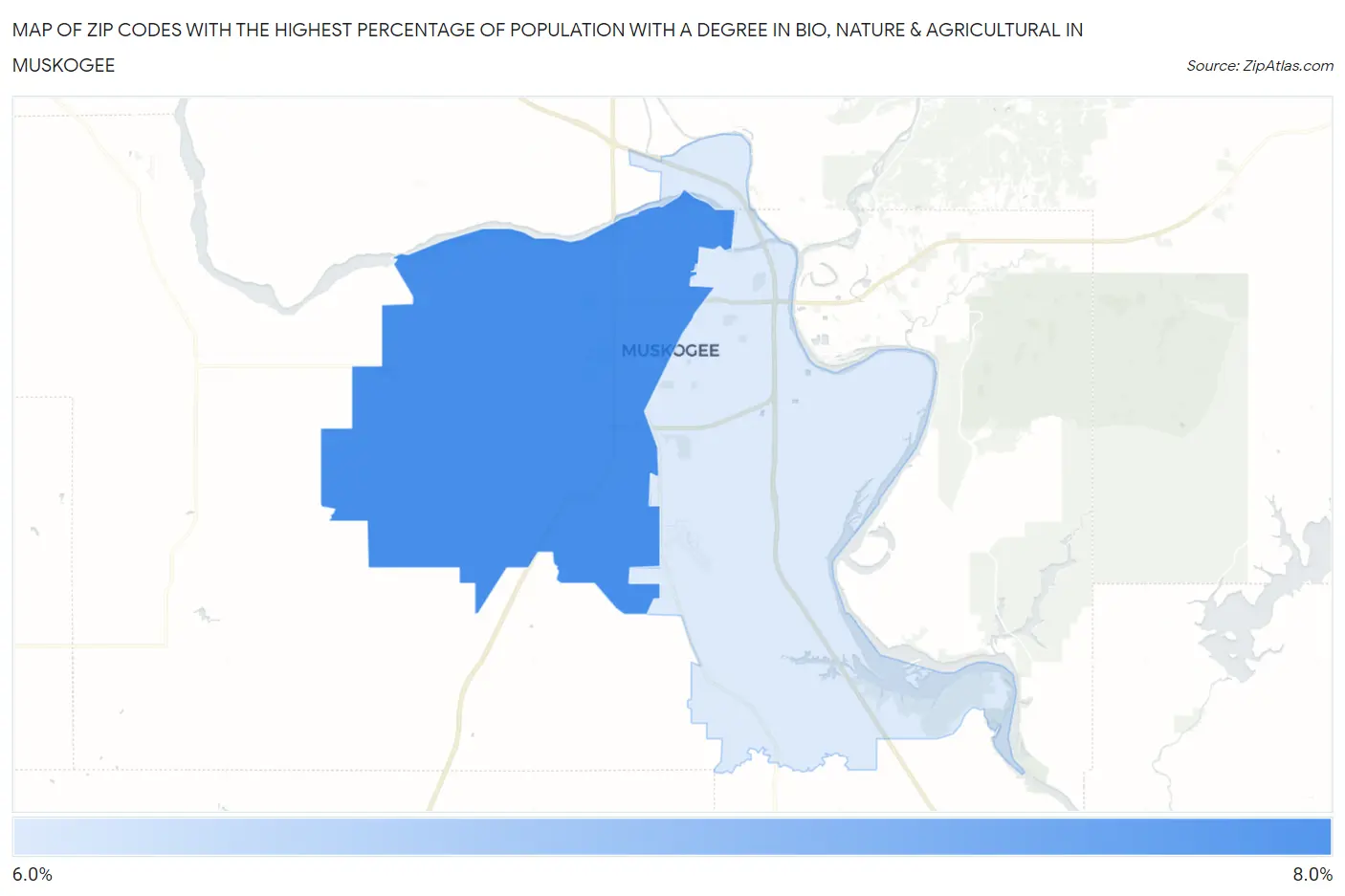 Zip Codes with the Highest Percentage of Population with a Degree in Bio, Nature & Agricultural in Muskogee Map
