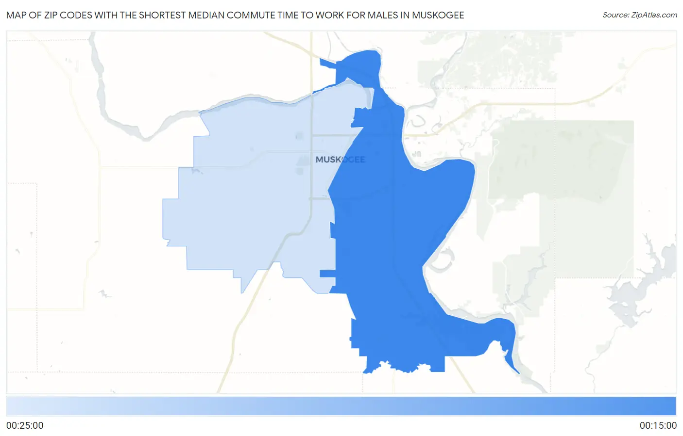 Zip Codes with the Shortest Median Commute Time to Work for Males in Muskogee Map