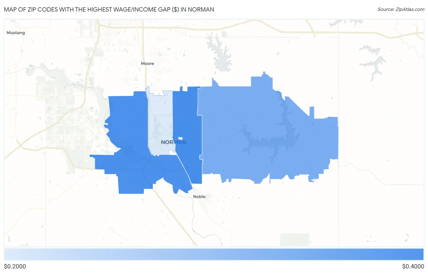 Zip Codes with the Highest Wage/Income Gap ($) in Norman Map