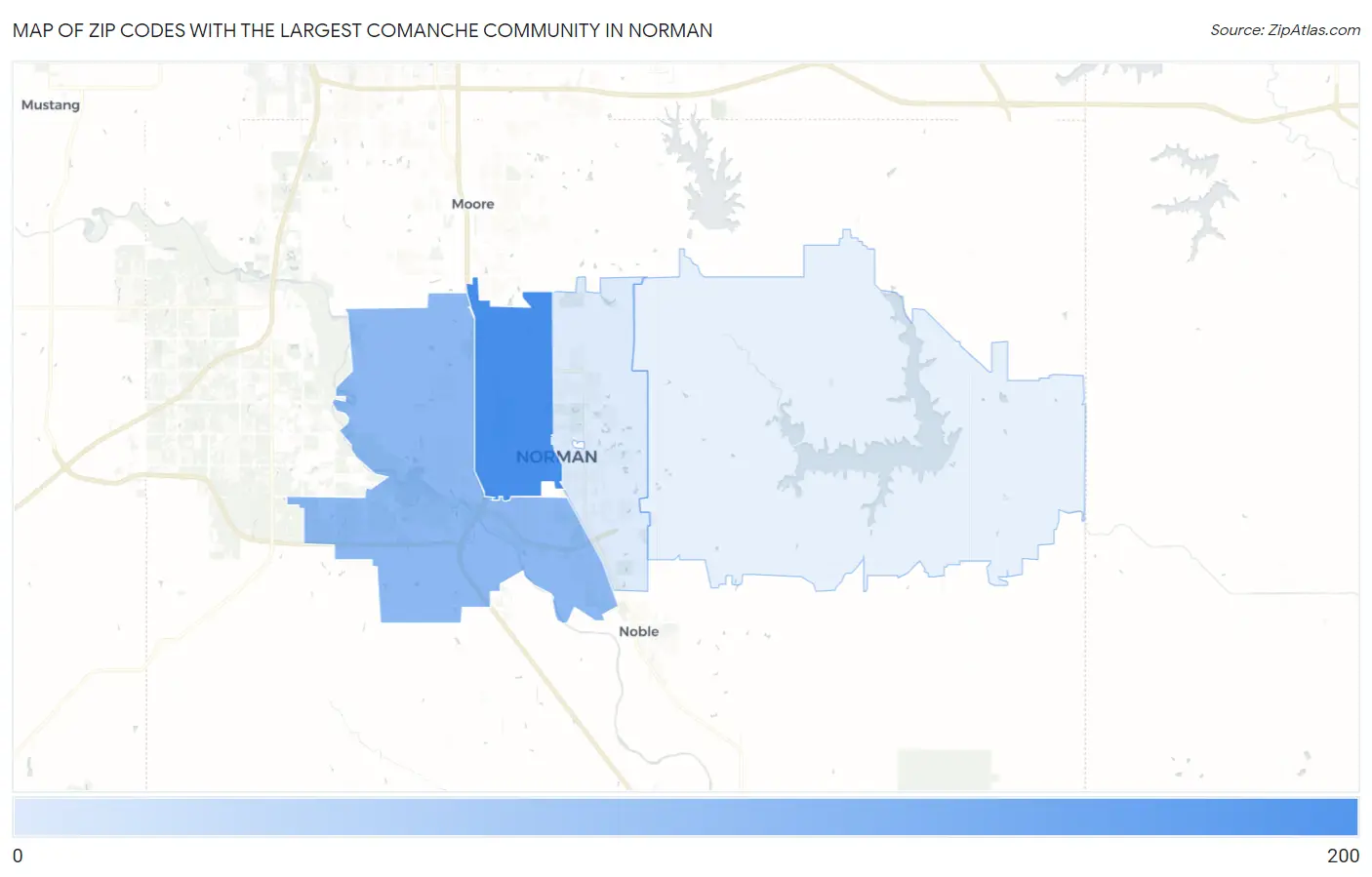 Zip Codes with the Largest Comanche Community in Norman Map