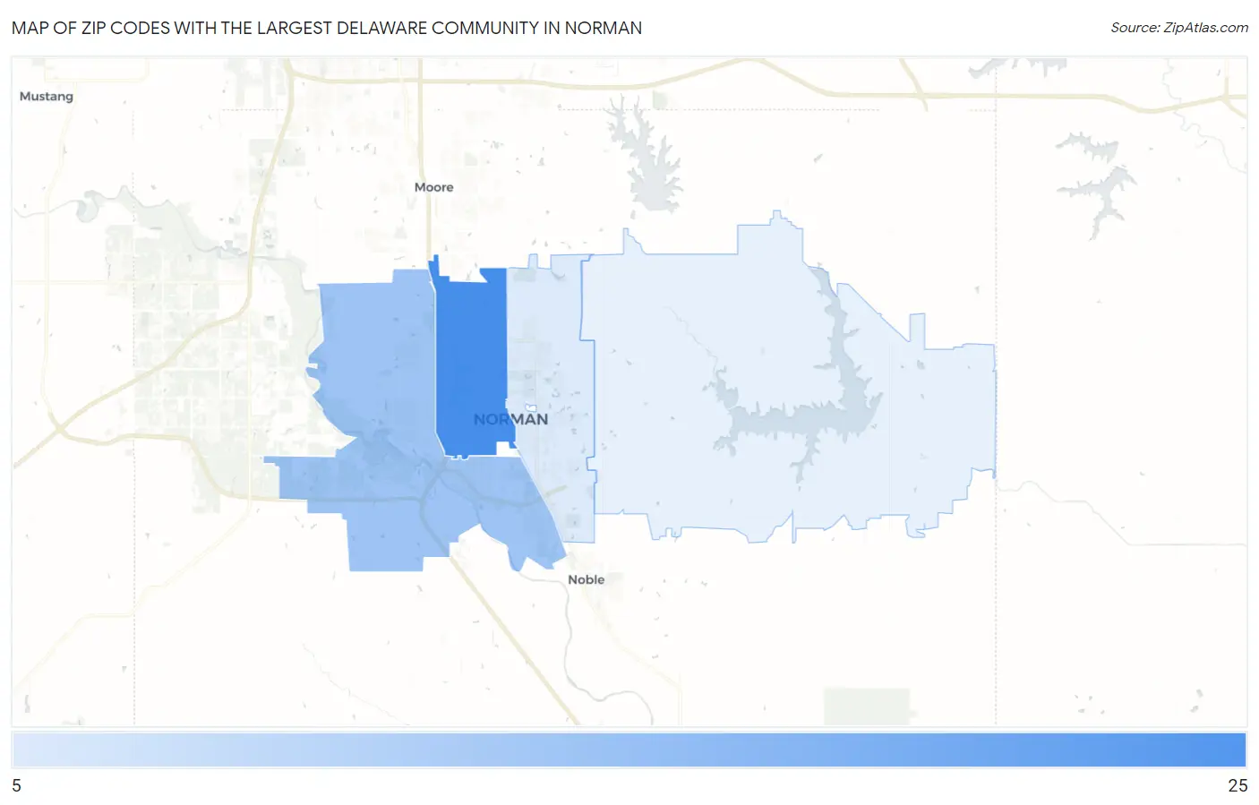 Zip Codes with the Largest Delaware Community in Norman Map