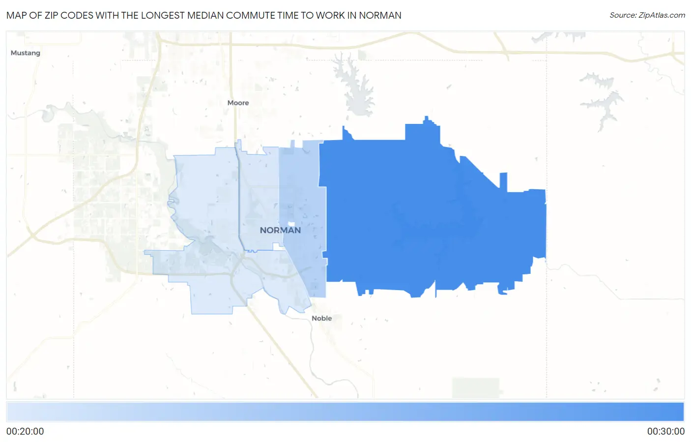 Zip Codes with the Longest Median Commute Time to Work in Norman Map