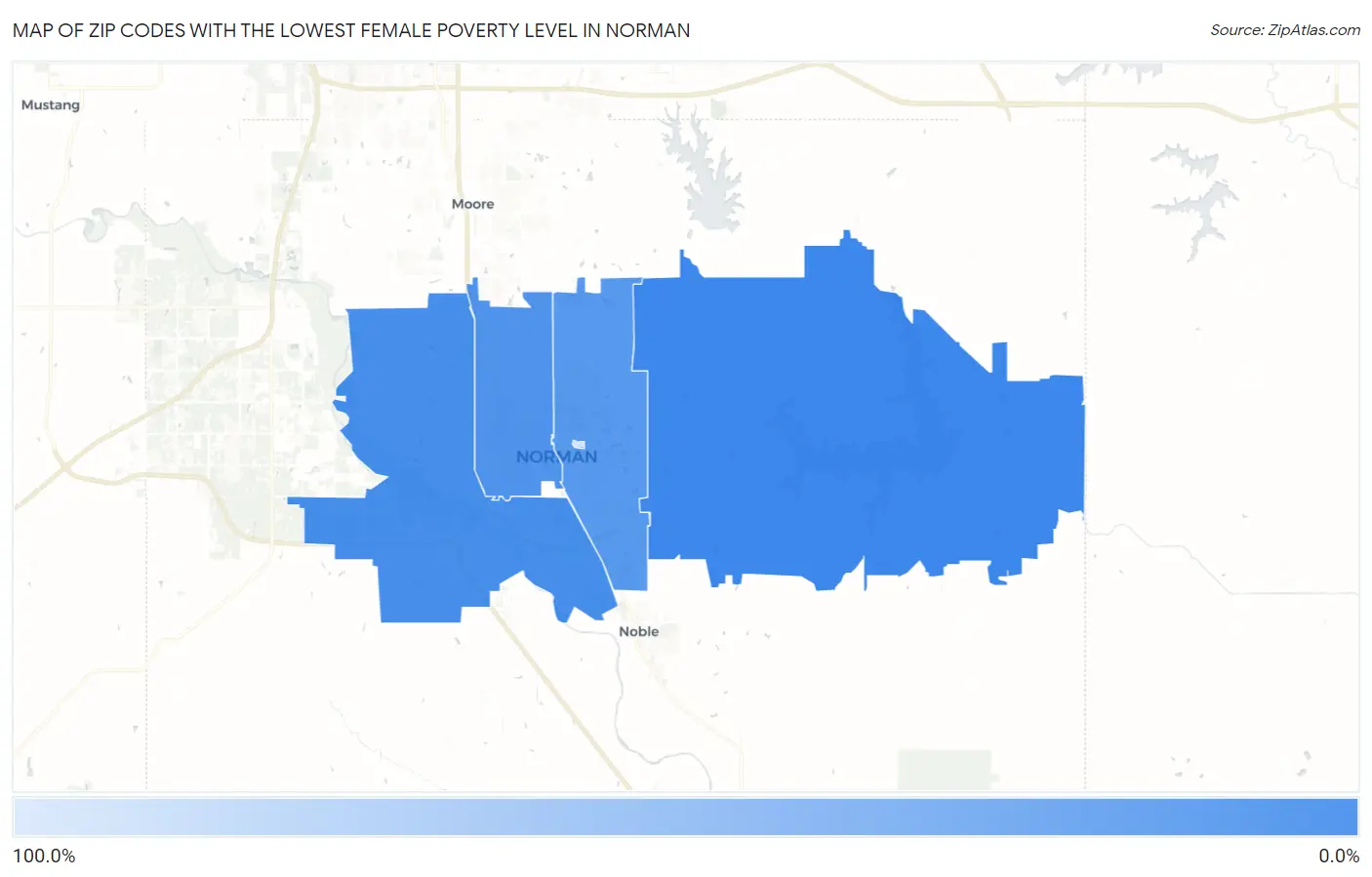 Zip Codes with the Lowest Female Poverty Level in Norman Map