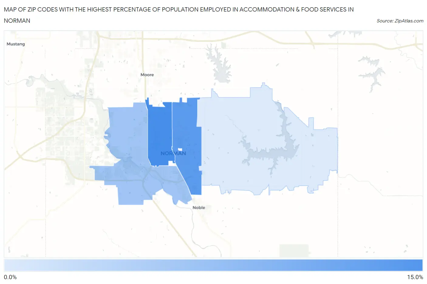 Zip Codes with the Highest Percentage of Population Employed in Accommodation & Food Services in Norman Map
