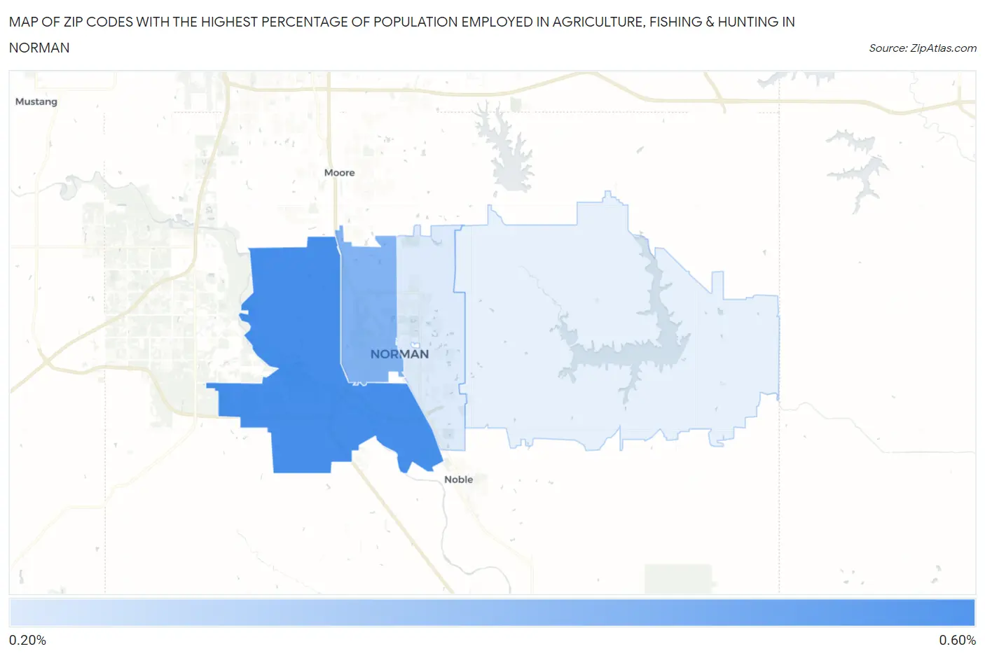 Zip Codes with the Highest Percentage of Population Employed in Agriculture, Fishing & Hunting in Norman Map