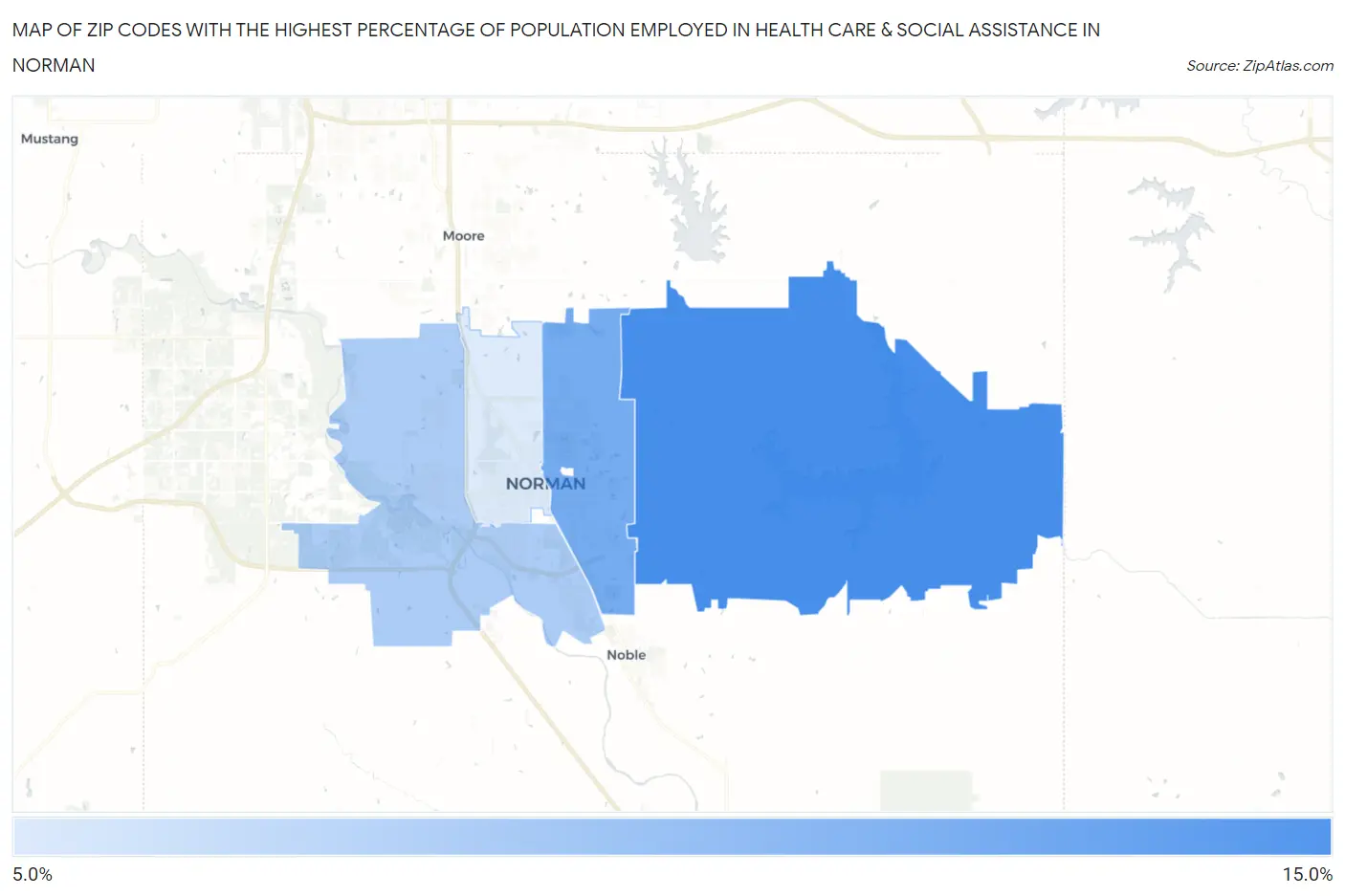 Zip Codes with the Highest Percentage of Population Employed in Health Care & Social Assistance in Norman Map