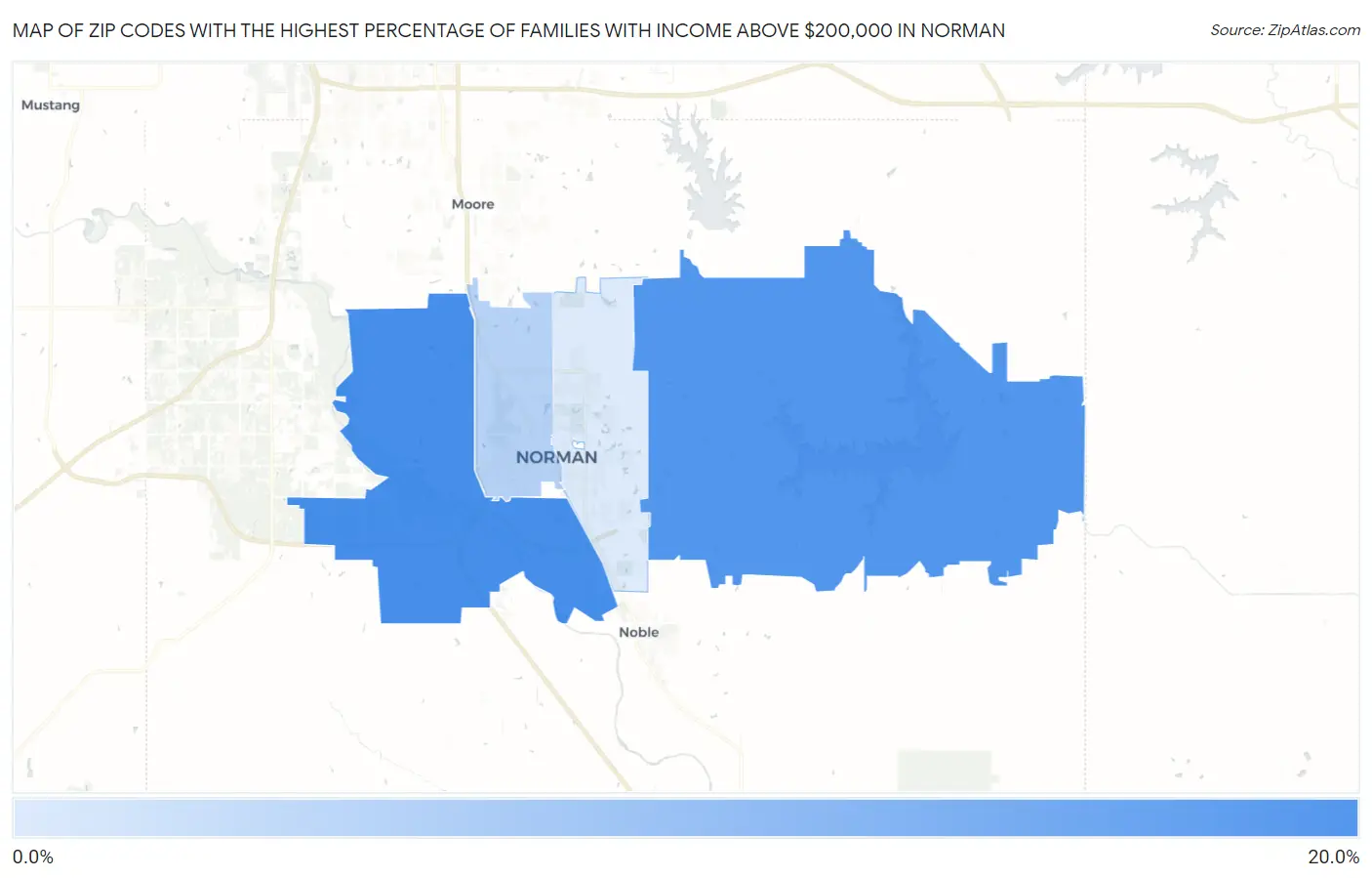 Zip Codes with the Highest Percentage of Families with Income Above $200,000 in Norman Map