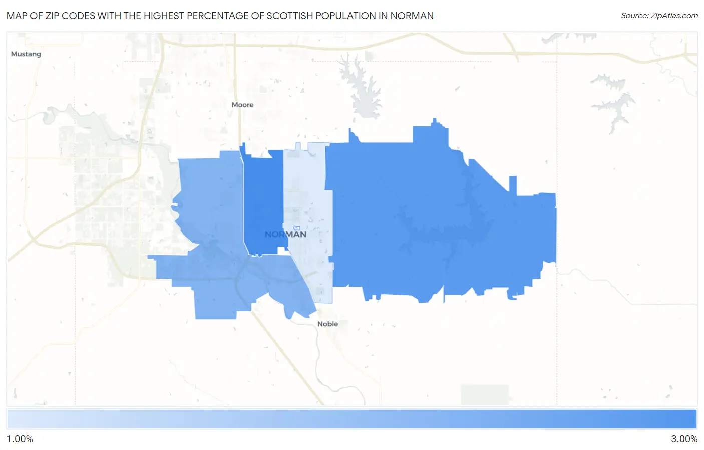 Zip Codes with the Highest Percentage of Scottish Population in Norman Map