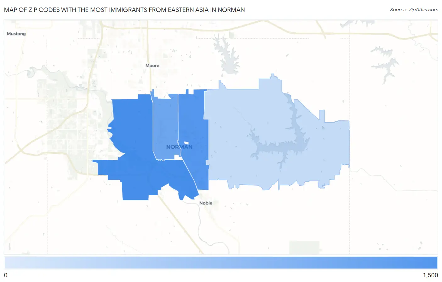 Zip Codes with the Most Immigrants from Eastern Asia in Norman Map