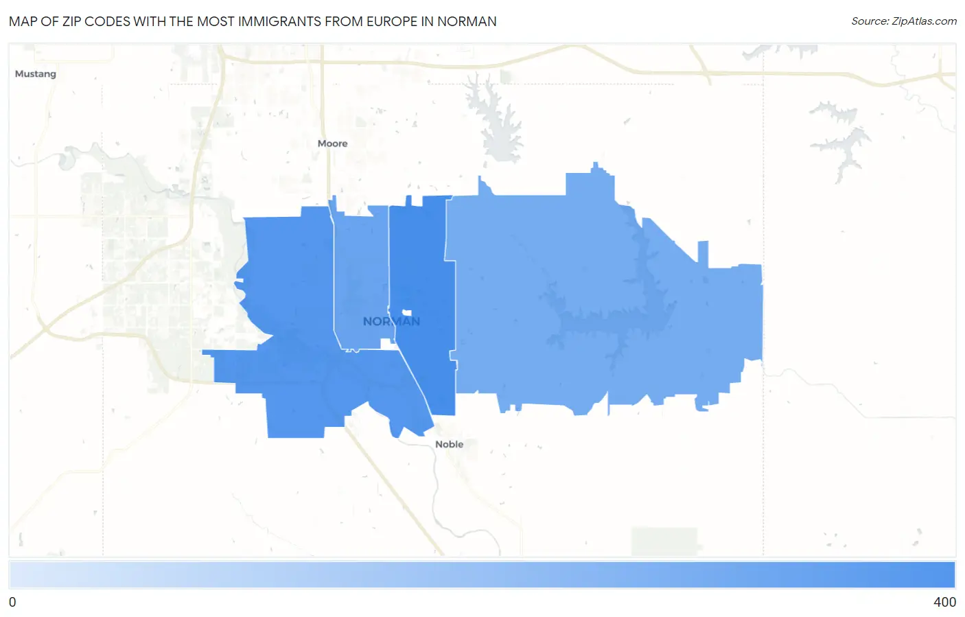Zip Codes with the Most Immigrants from Europe in Norman Map