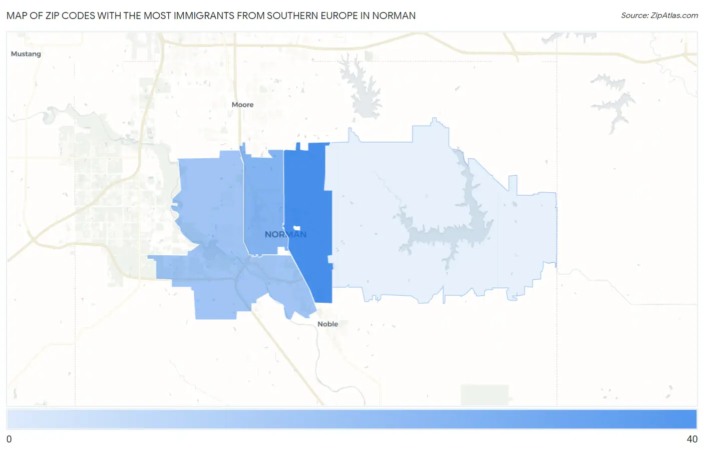 Zip Codes with the Most Immigrants from Southern Europe in Norman Map