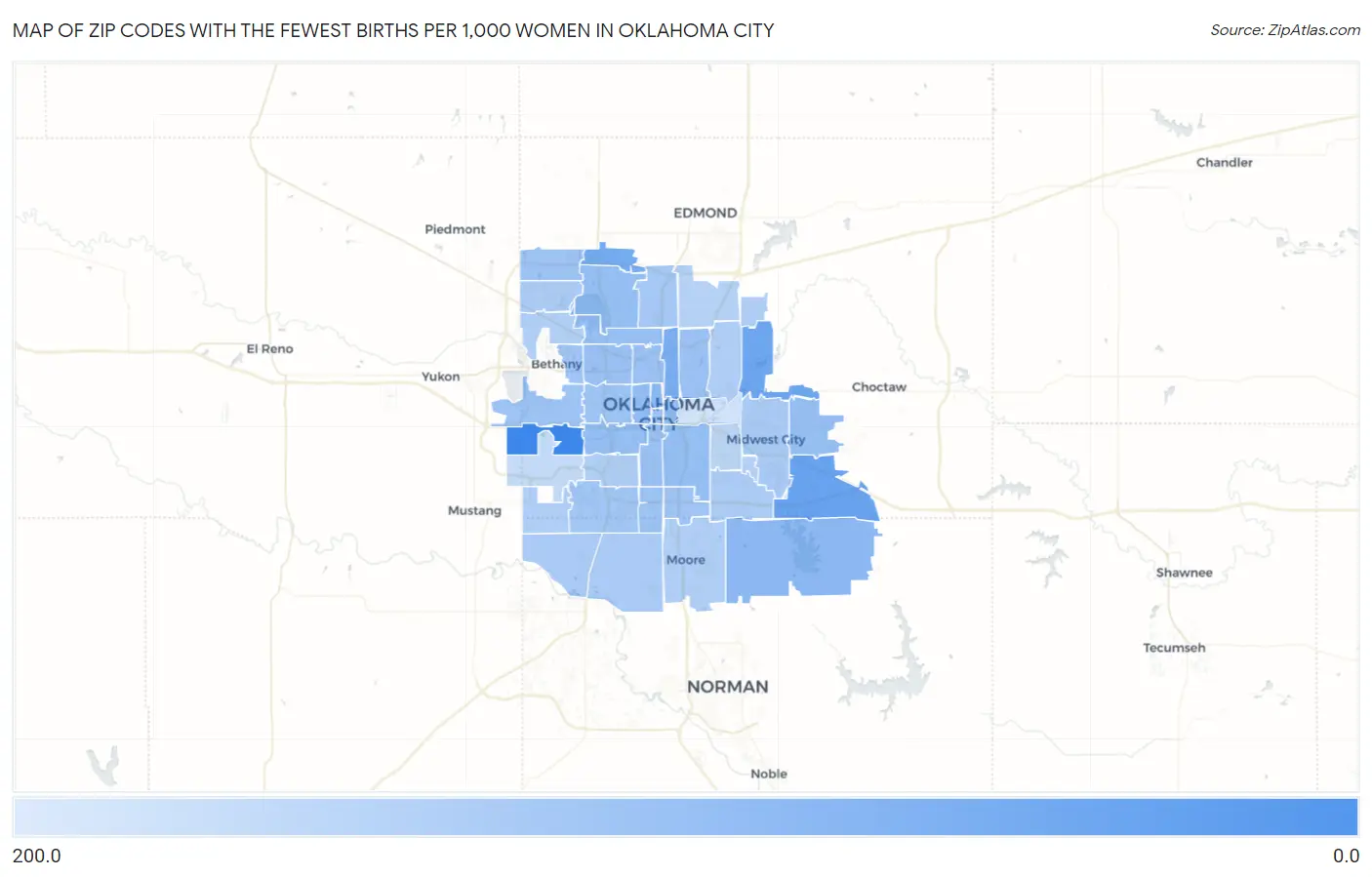 Zip Codes with the Fewest Births per 1,000 Women in Oklahoma City Map