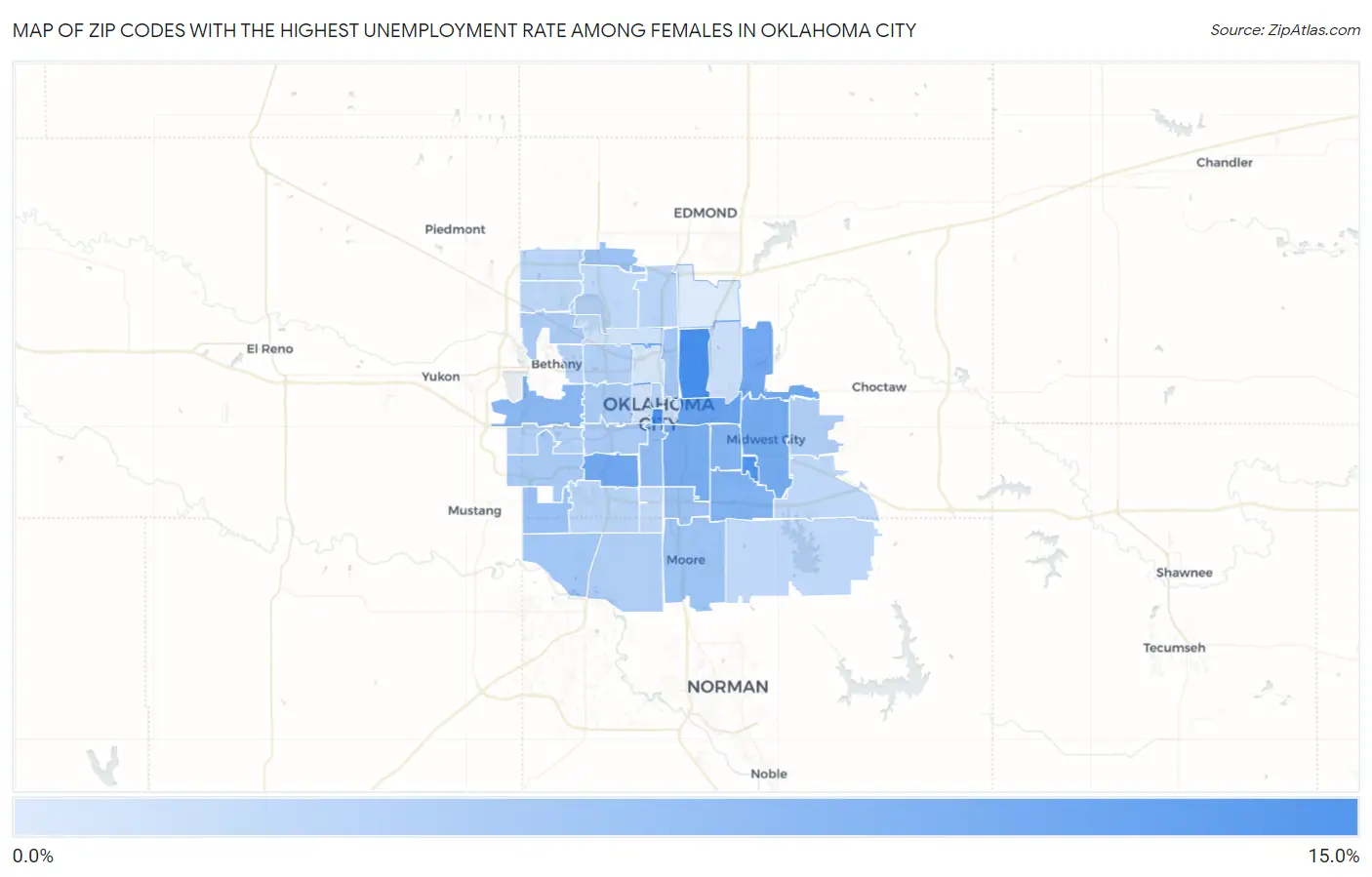 Zip Codes with the Highest Unemployment Rate Among Females in Oklahoma City Map