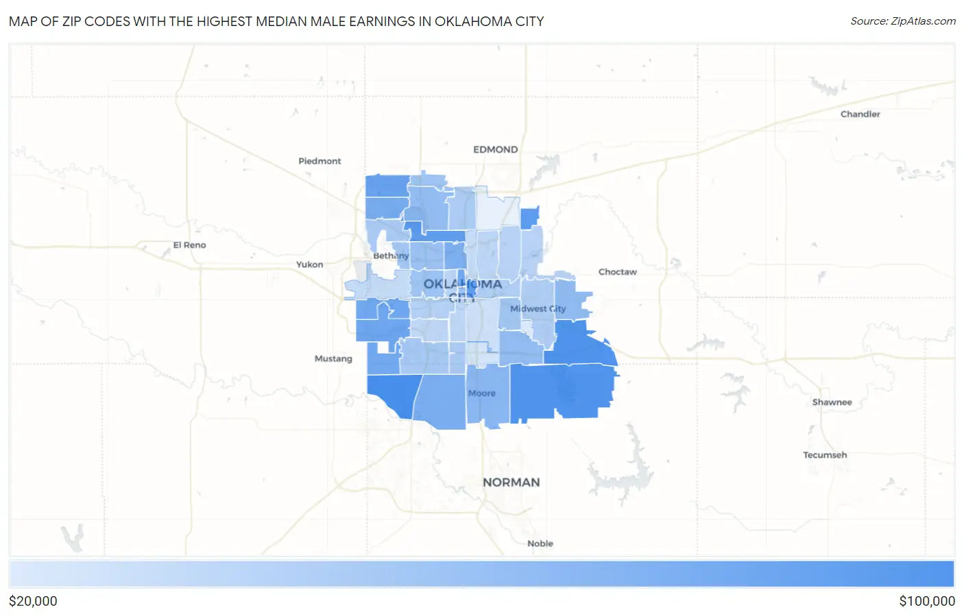 Zip Codes with the Highest Median Male Earnings in Oklahoma City Map