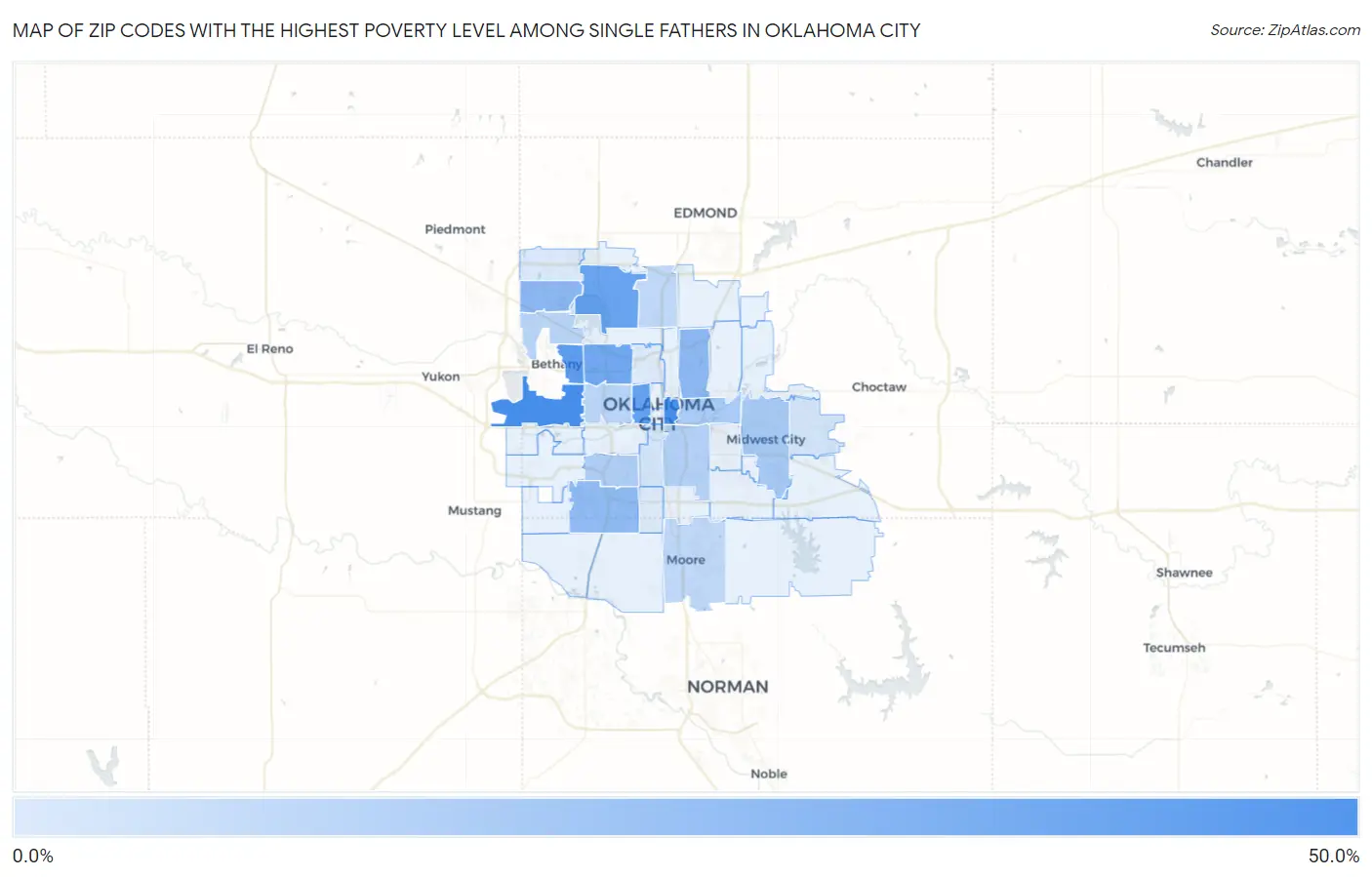 Zip Codes with the Highest Poverty Level Among Single Fathers in Oklahoma City Map