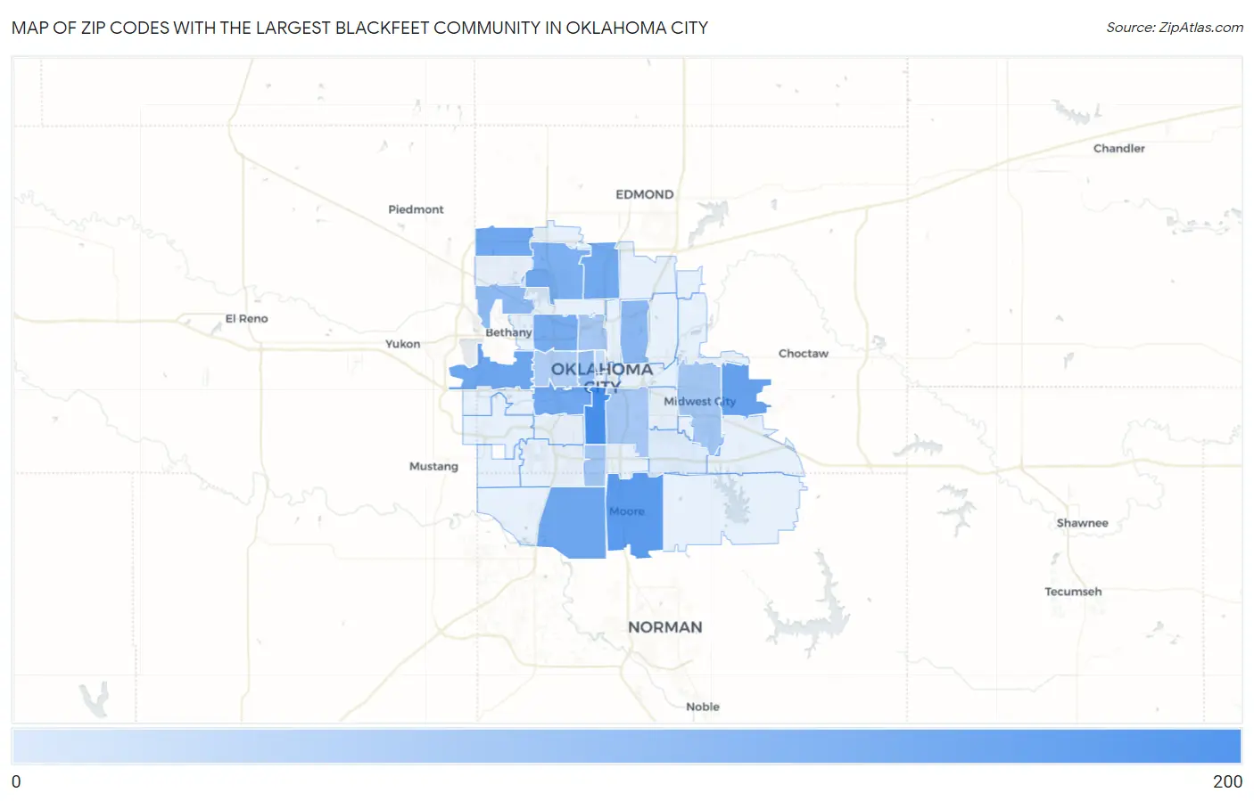 Zip Codes with the Largest Blackfeet Community in Oklahoma City Map