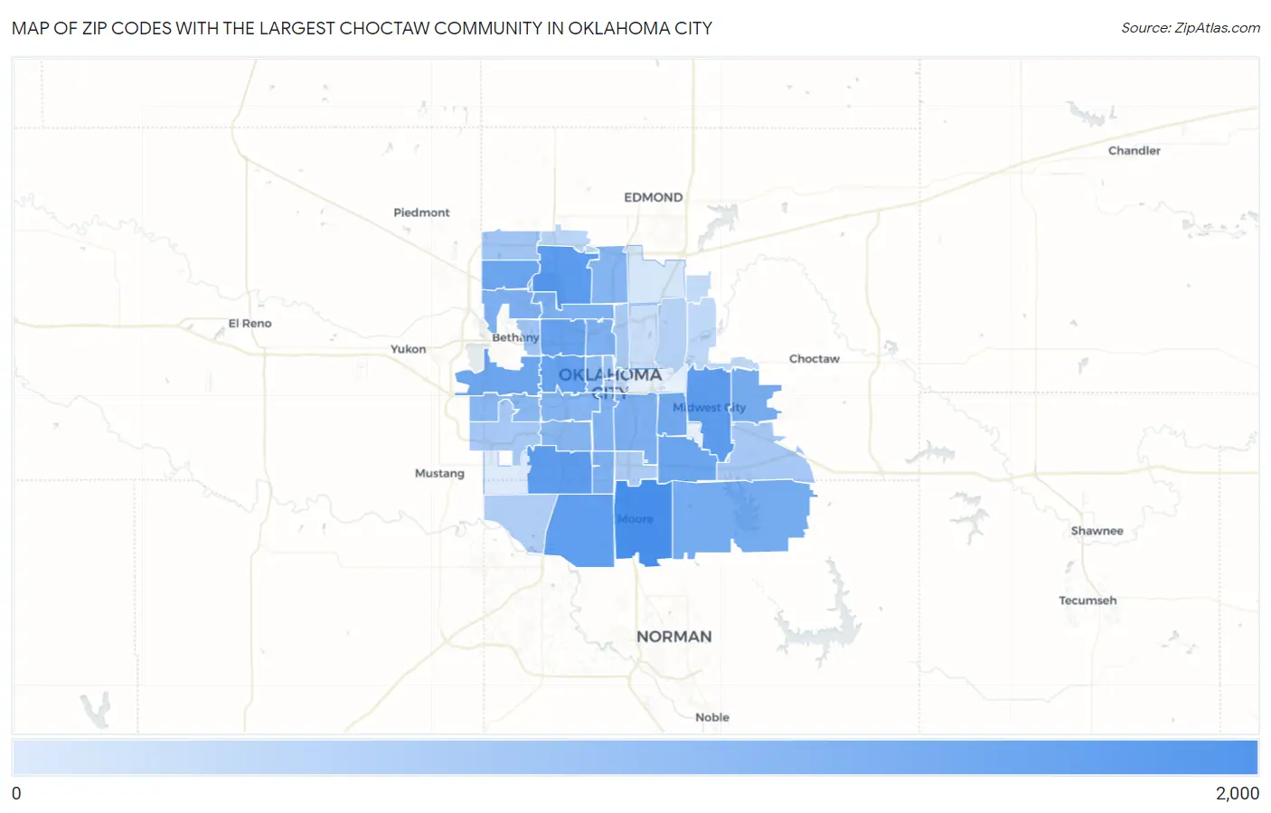 Zip Codes with the Largest Choctaw Community in Oklahoma City Map