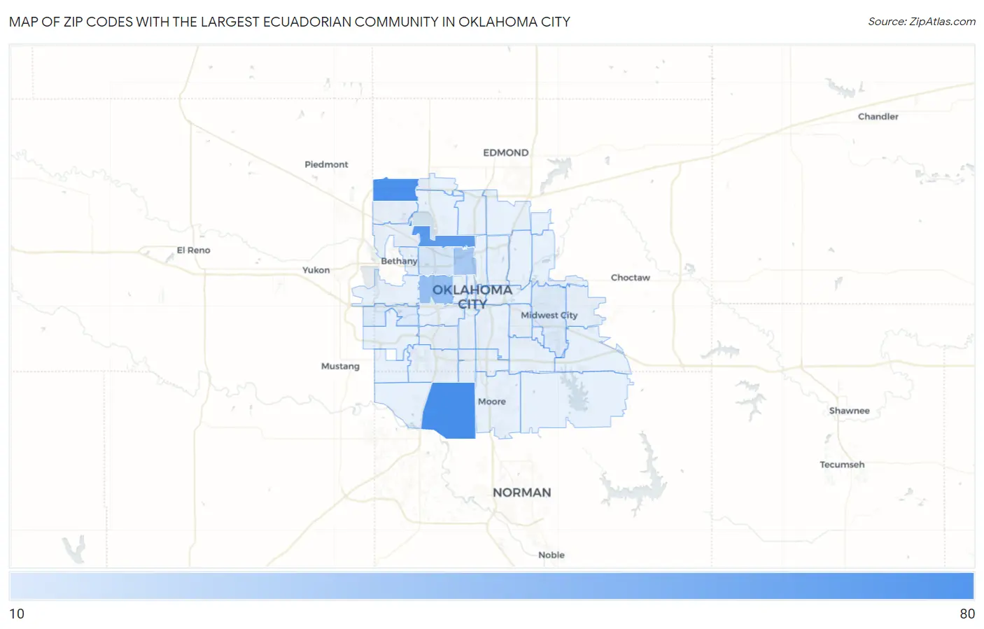 Zip Codes with the Largest Ecuadorian Community in Oklahoma City Map