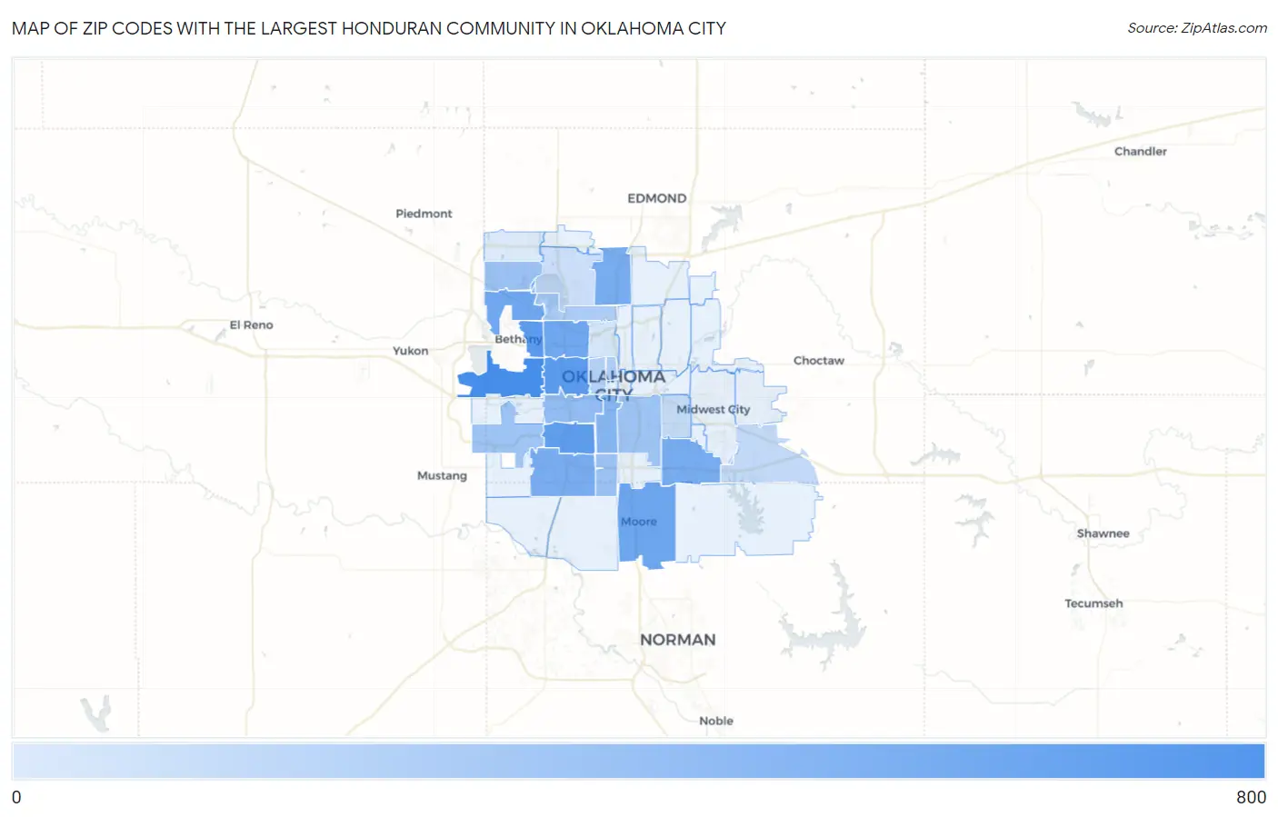 Zip Codes with the Largest Honduran Community in Oklahoma City Map