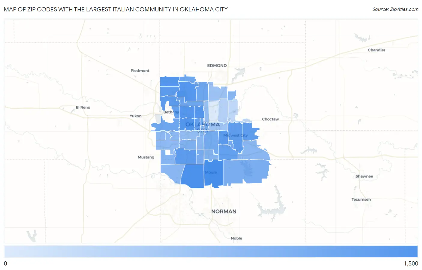 Zip Codes with the Largest Italian Community in Oklahoma City Map