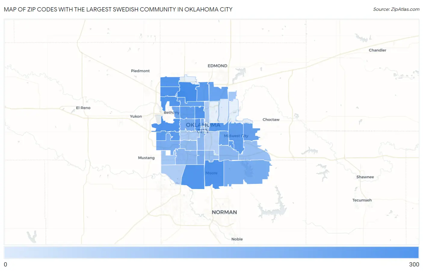 Zip Codes with the Largest Swedish Community in Oklahoma City Map