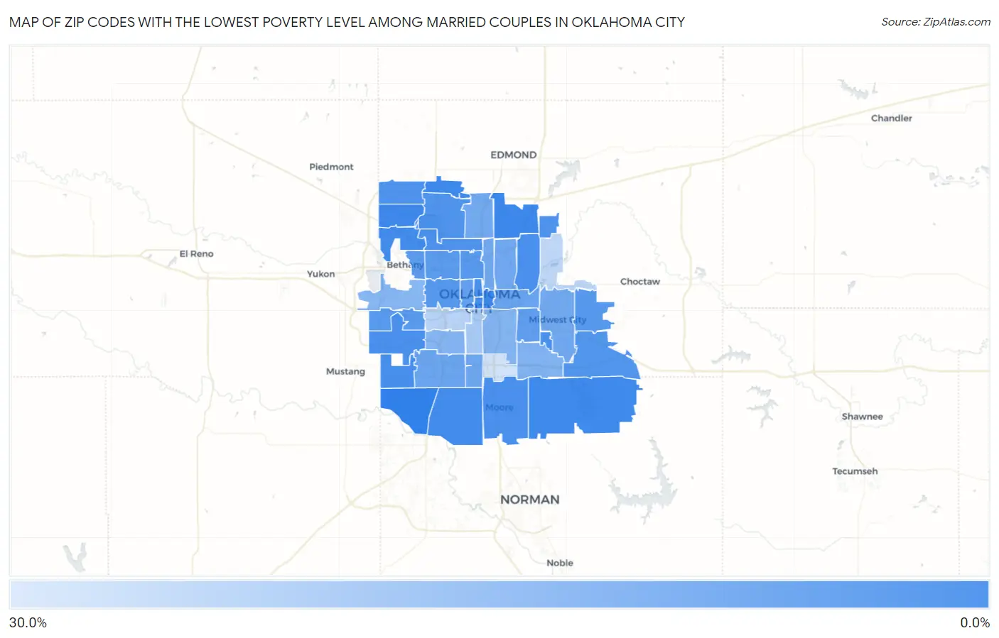 Zip Codes with the Lowest Poverty Level Among Married Couples in Oklahoma City Map