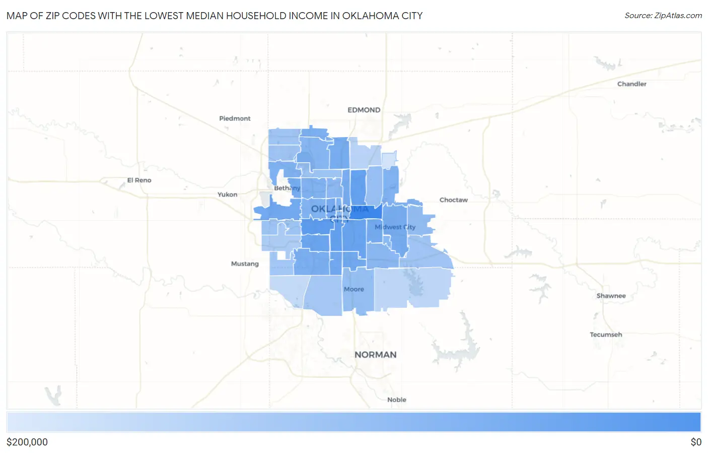 Zip Codes with the Lowest Median Household Income in Oklahoma City Map