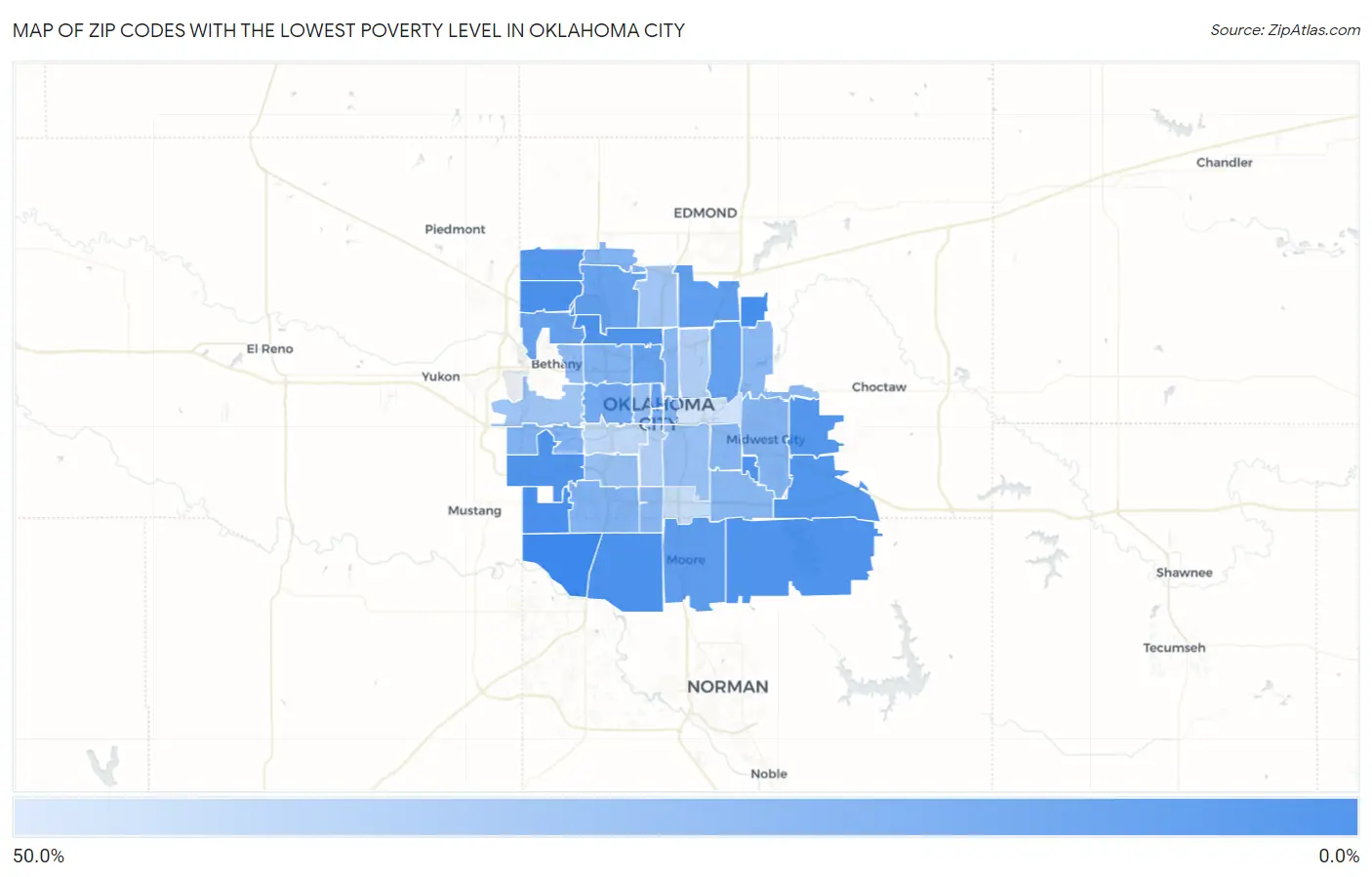 Zip Codes with the Lowest Poverty Level in Oklahoma City Map