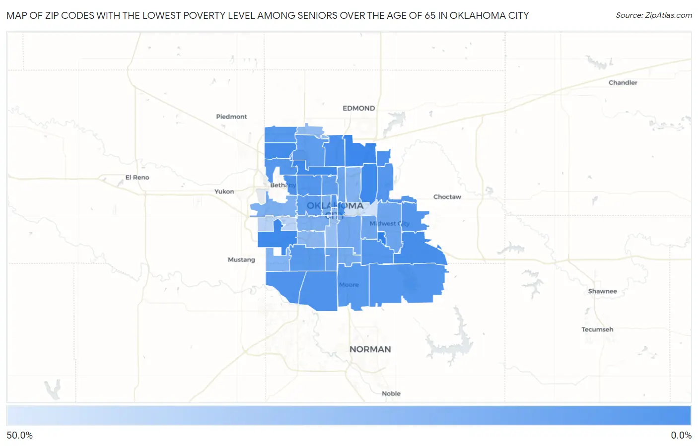 Zip Codes with the Lowest Poverty Level Among Seniors Over the Age of 65 in Oklahoma City Map