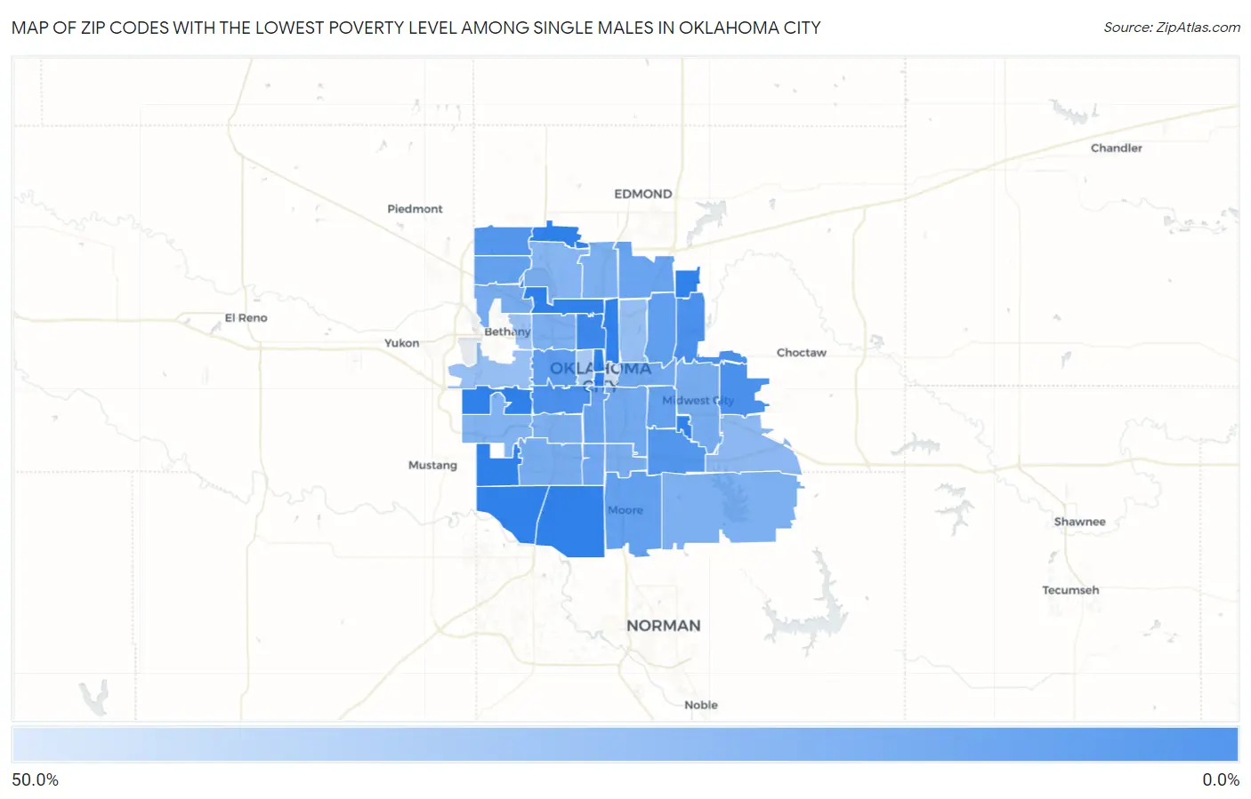 Zip Codes with the Lowest Poverty Level Among Single Males in Oklahoma City Map