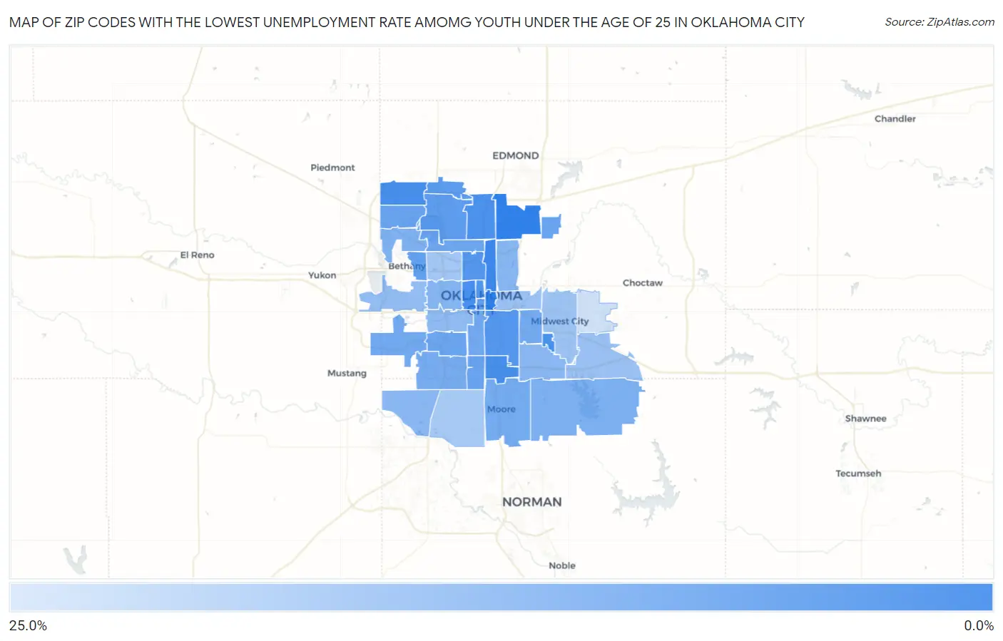 Zip Codes with the Lowest Unemployment Rate Amomg Youth Under the Age of 25 in Oklahoma City Map
