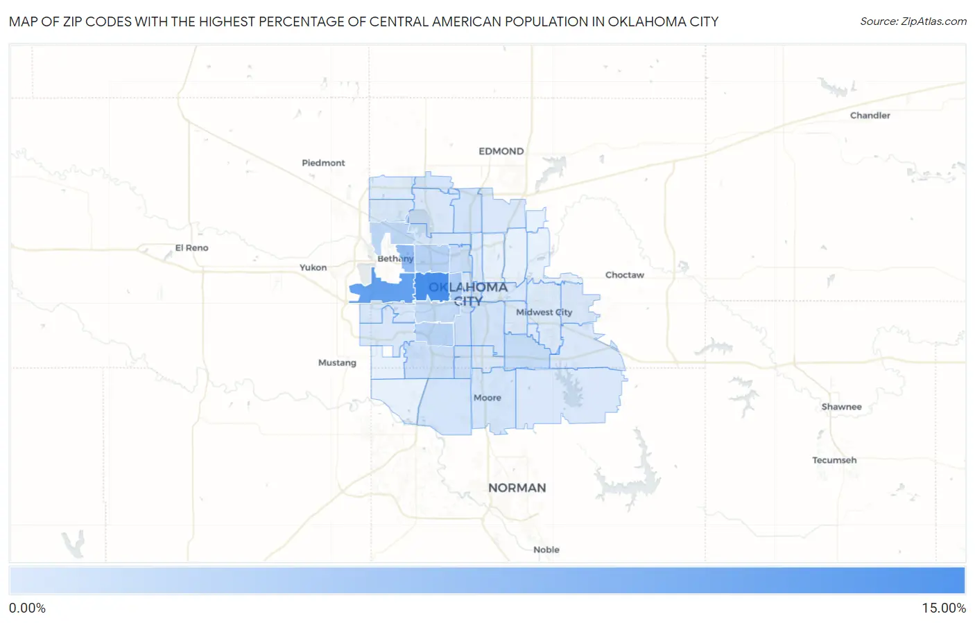Zip Codes with the Highest Percentage of Central American Population in Oklahoma City Map