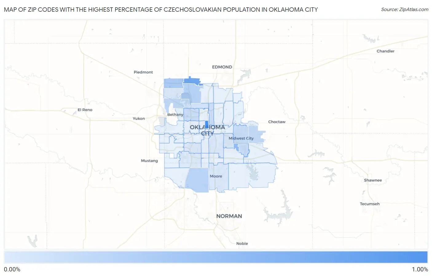 Zip Codes with the Highest Percentage of Czechoslovakian Population in Oklahoma City Map