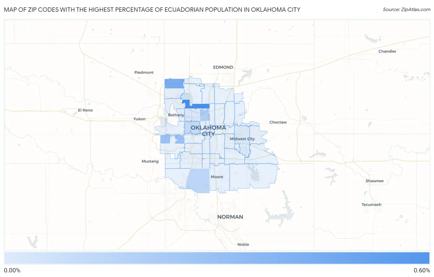 Zip Codes with the Highest Percentage of Ecuadorian Population in Oklahoma City Map