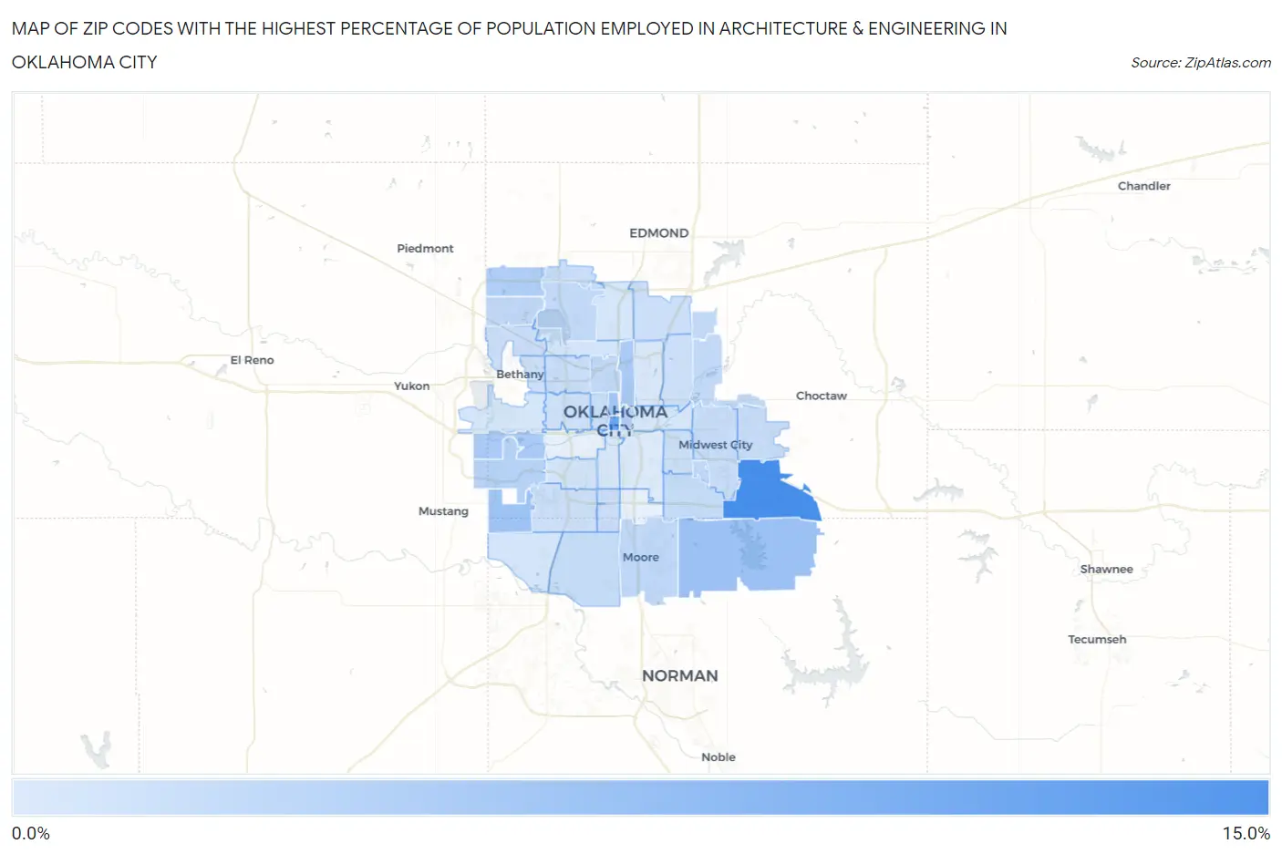 Zip Codes with the Highest Percentage of Population Employed in Architecture & Engineering in Oklahoma City Map