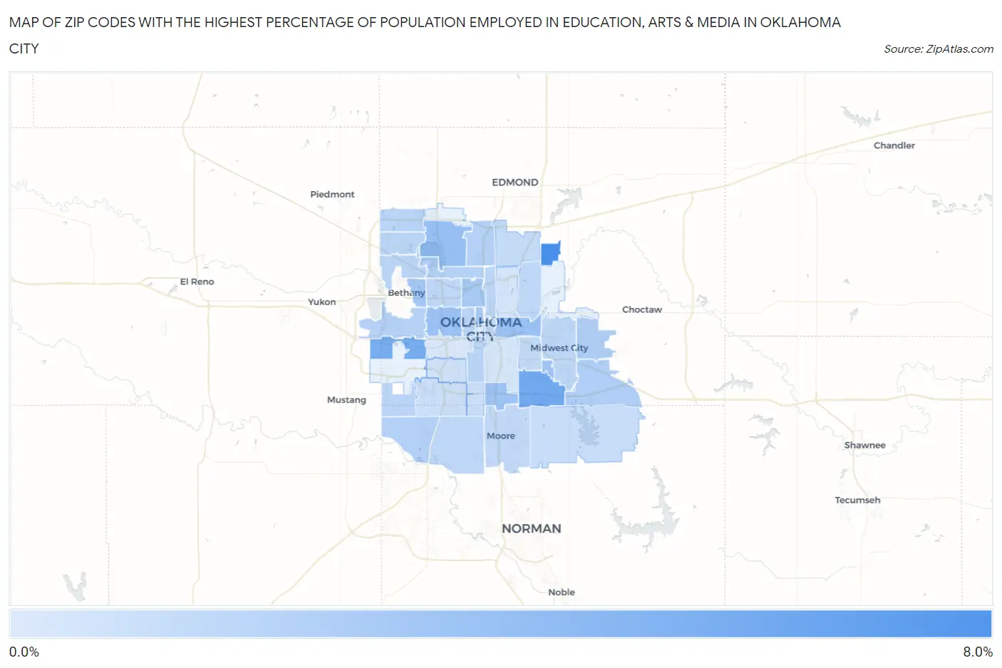 Zip Codes with the Highest Percentage of Population Employed in Education, Arts & Media in Oklahoma City Map