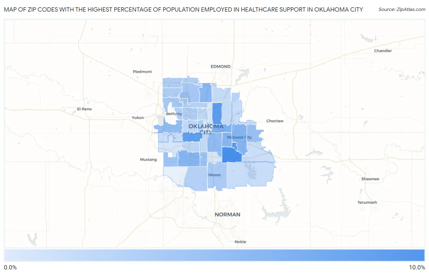 Zip Codes with the Highest Percentage of Population Employed in Healthcare Support in Oklahoma City Map