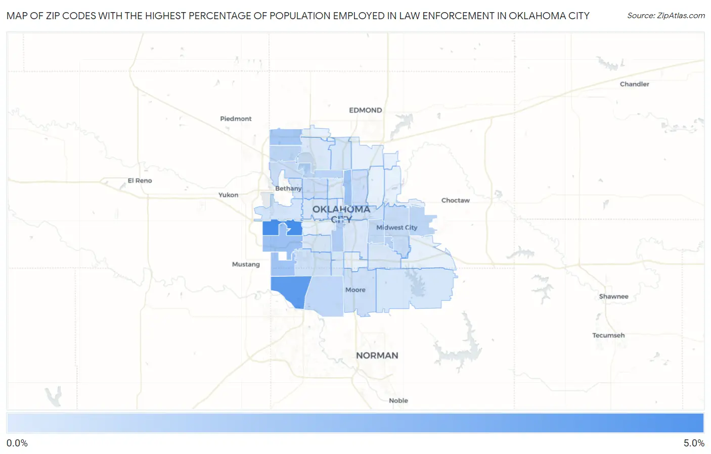 Zip Codes with the Highest Percentage of Population Employed in Law Enforcement in Oklahoma City Map