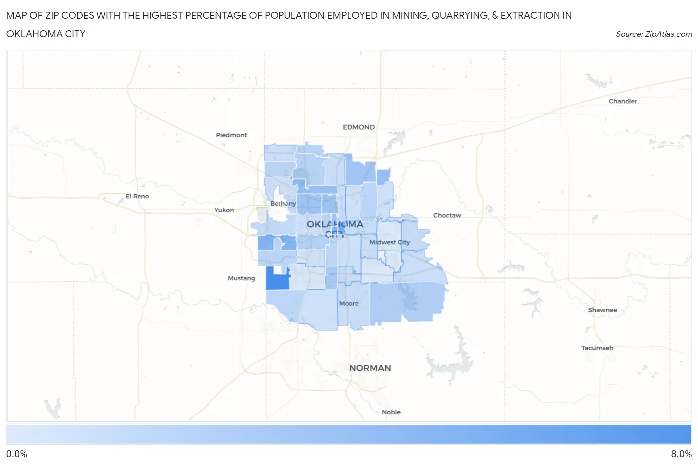 Zip Codes with the Highest Percentage of Population Employed in Mining, Quarrying, & Extraction in Oklahoma City Map