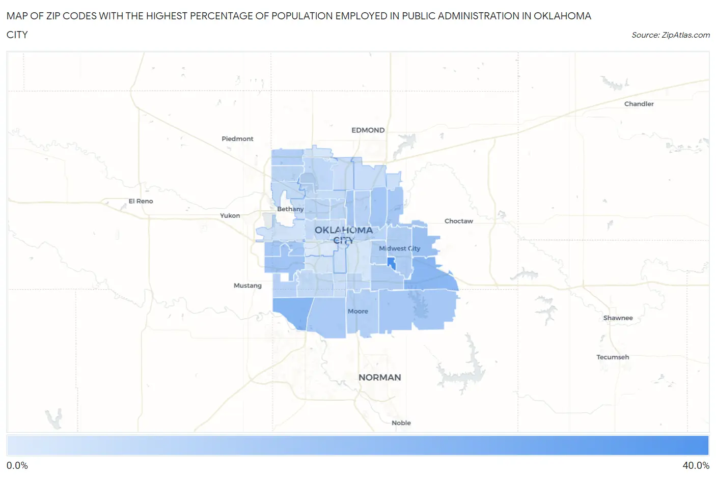 Zip Codes with the Highest Percentage of Population Employed in Public Administration in Oklahoma City Map