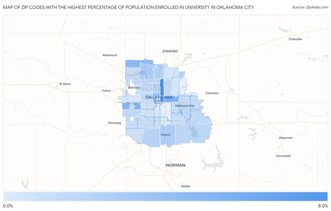 Zip Codes with the Highest Percentage of Population Enrolled in University in Oklahoma City Map